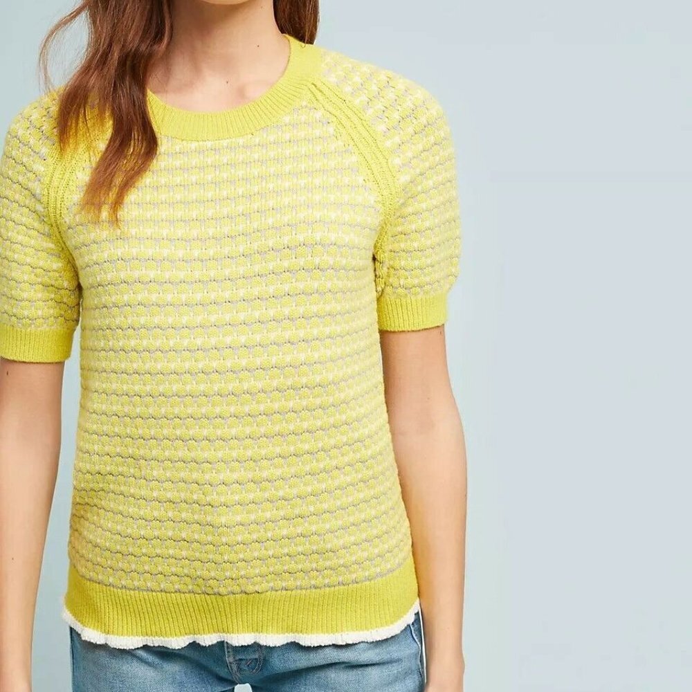 Anthropologie Moth Beach Town XS Knit Textured Short Sleeve Sweater Yellow Gray